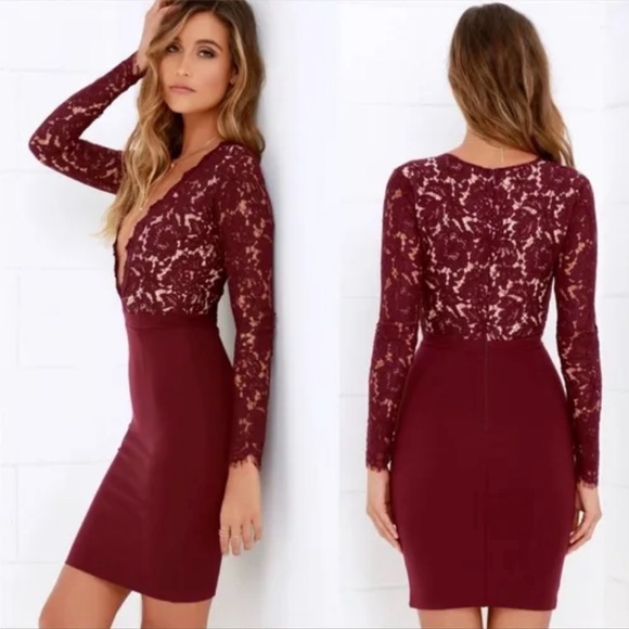 Lulu’s Swoon-er or later burgundy long sleeve lace dress - Picture 2 of 7